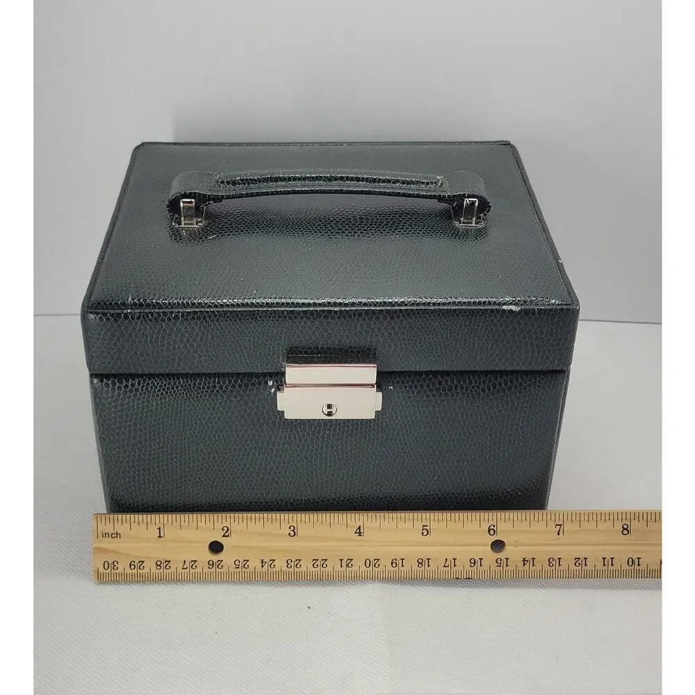 Dark Green Jewelry Box Mirror 2 Drawers Lock Key Carrying Case Organizer